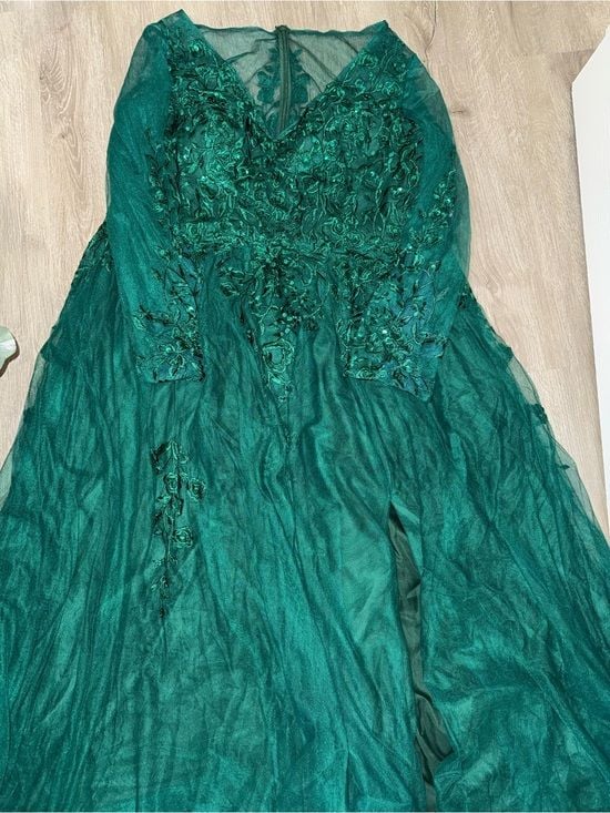 JJs House Dark Green Long Sleeve V-Neck Lace Evening Dress 6