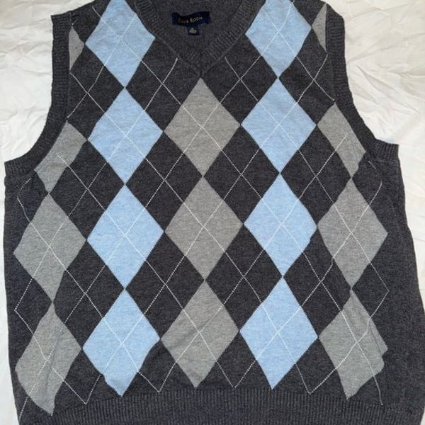 Club Room Charcoal Argyle V-Neck Sweater Vest with Light Blue & Gray Diamonds