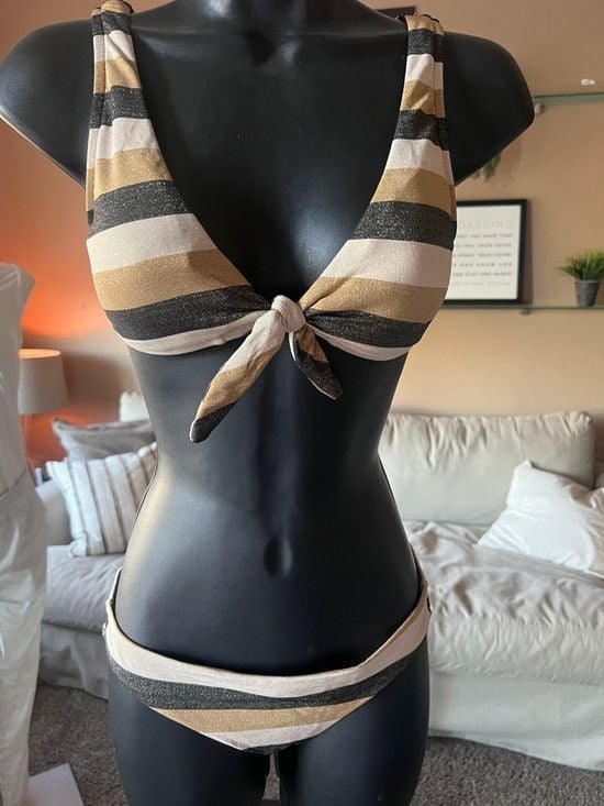 Seafolly Metallic Stripe Knot Front Bikini - Gold, Black, Cream 1
