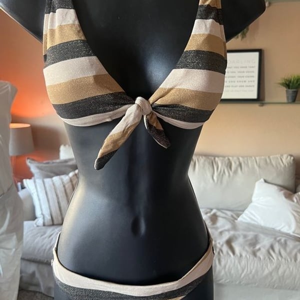Seafolly Metallic Stripe Knot Front Bikini - Gold, Black, Cream