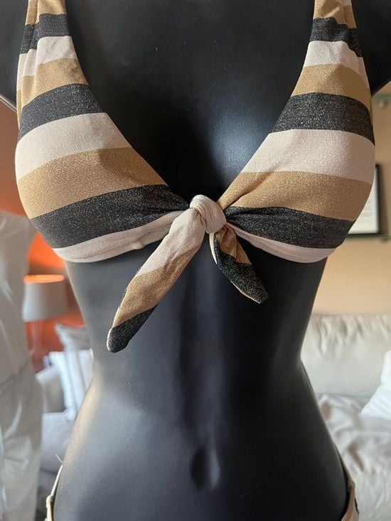 Seafolly Metallic Stripe Knot Front Bikini - Gold, Black, Cream 4