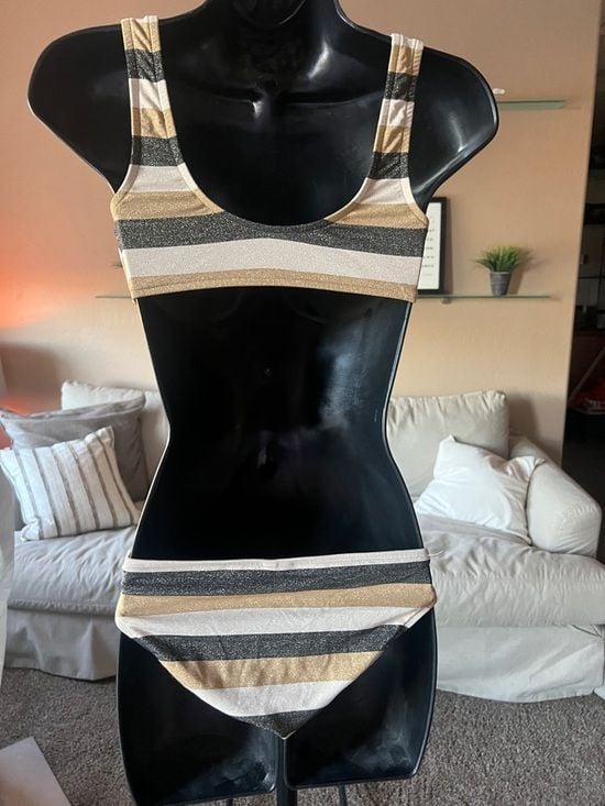Seafolly Metallic Stripe Knot Front Bikini - Gold, Black, Cream 6