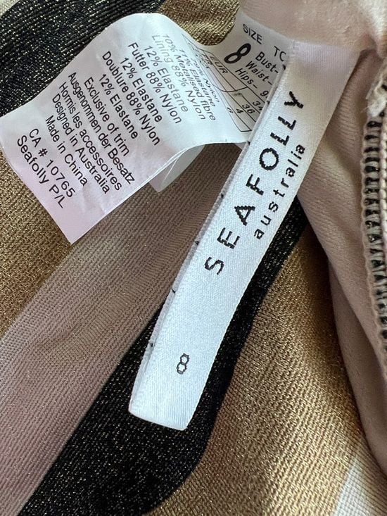 Seafolly Metallic Stripe Knot Front Bikini - Gold, Black, Cream 10