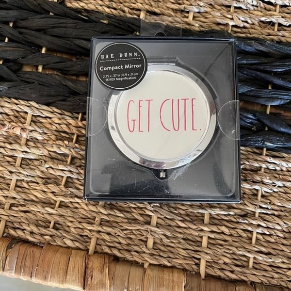 Rae Dunn Silver Compact Mirror with Pink 'GET CUTE' Text