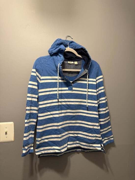 L.L.Bean Women's Blue Striped Henley Hoodie with Katahdin Logo, Size S 2