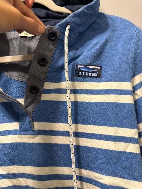 L.L.Bean Women's Blue Striped Henley Hoodie with Katahdin Logo, Size S 3