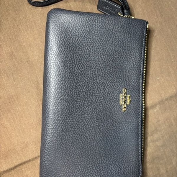 Coach Navy Pebbled Leather Wristlet with Gold Hardware
