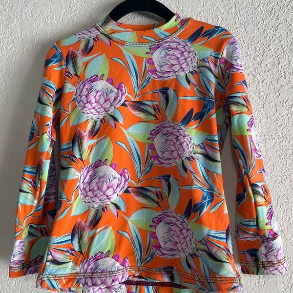 Mola Mola Kids Orange Protea Paradise Long Sleeve Rash Guard – Size L