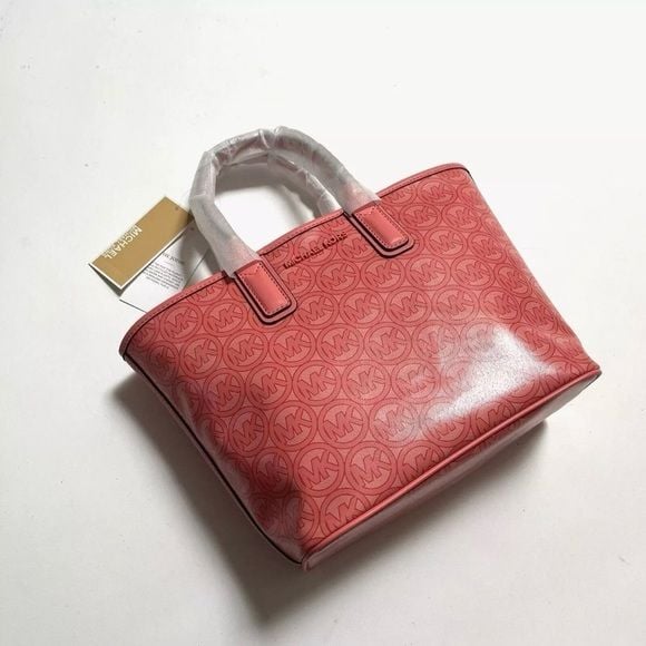 NWT Original Michael Kors Jodie Small Logo Jacquard Tote Bag Grapefruit Pink 2