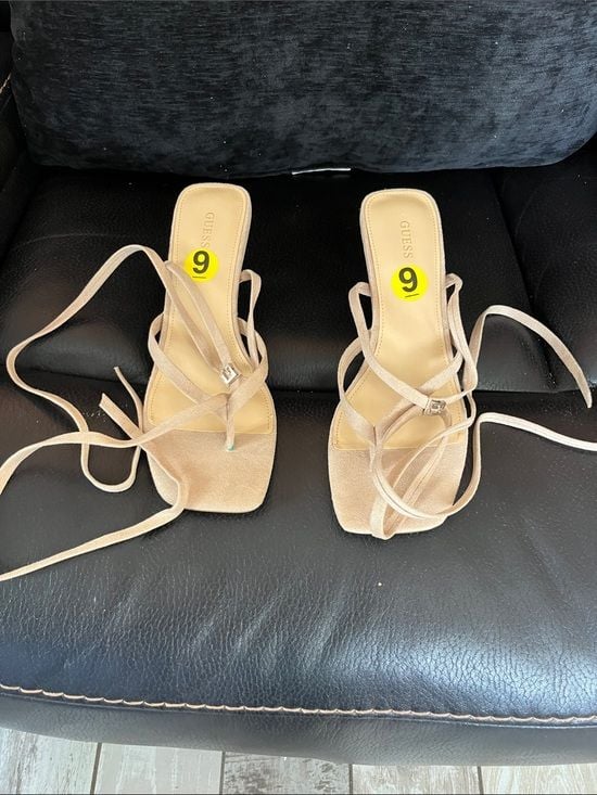 GUESS Neutral Beige Lace-Up Squareop-Toe Heeled Sandals 2