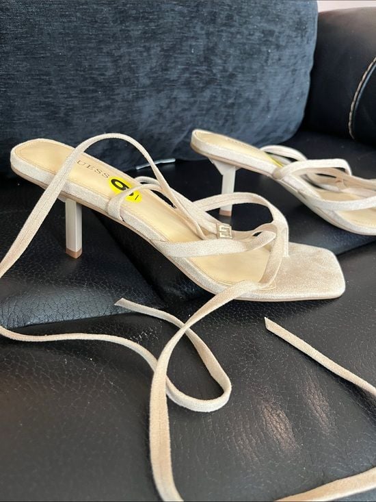 GUESS Neutral Beige Lace-Up Squareop-Toe Heeled Sandals 3