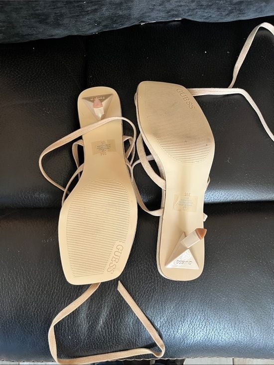 GUESS Neutral Beige Lace-Up Squareop-Toe Heeled Sandals 4