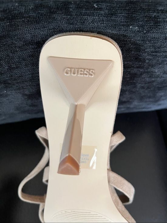 GUESS Neutral Beige Lace-Up Squareop-Toe Heeled Sandals 5
