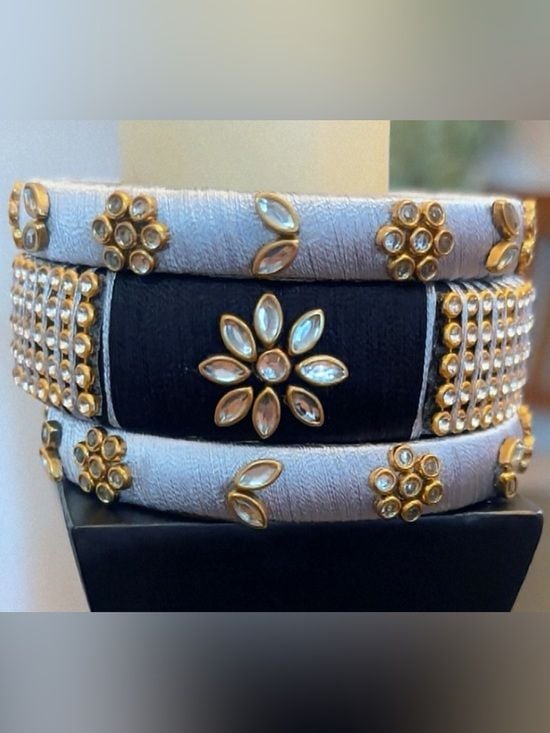 Handcrafted Silk Thread Bangles with Kundan Jewels and Floral Designs 1