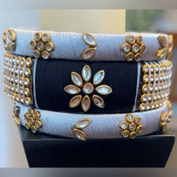 Handcrafted Silk Thread Bangles with Kundan Jewels and Floral Designs