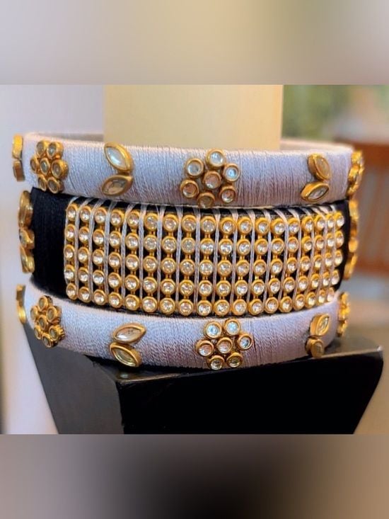 Handcrafted Silk Thread Bangles with Kundan Jewels and Floral Designs 2