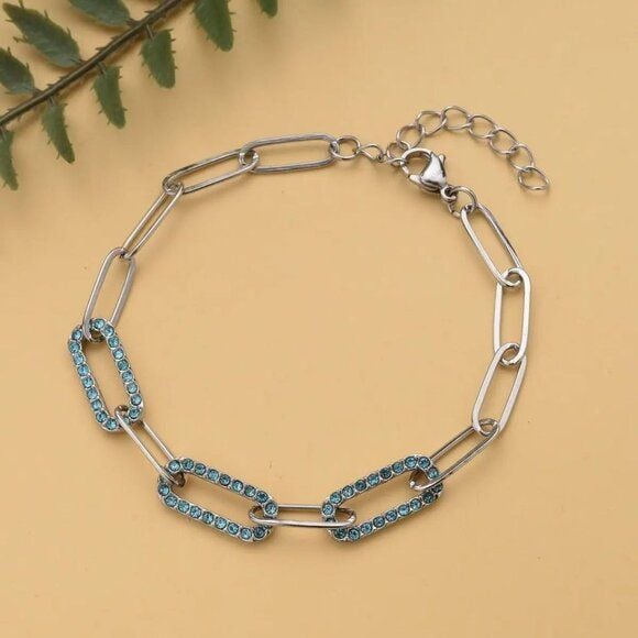 Blue Austrian Crystal Paper Clip Bracelet in Stainless Steel (7.50-9.50In) 3