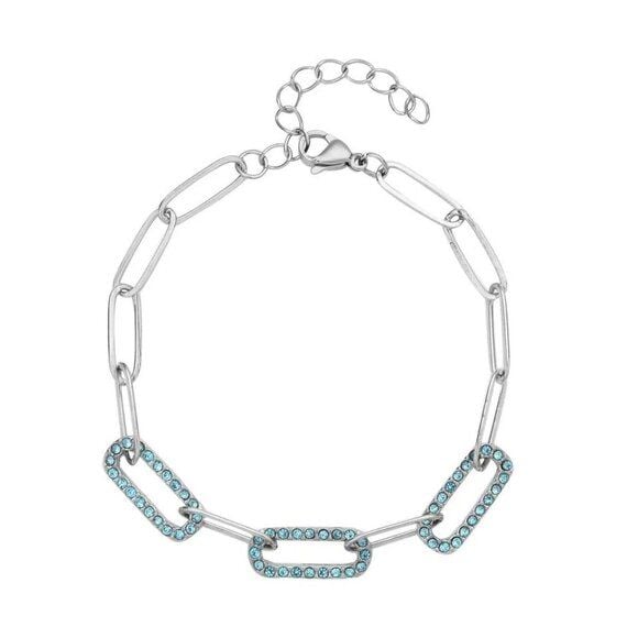 Blue Austrian Crystal Paper Clip Bracelet in Stainless Steel (7.50-9.50In) 4