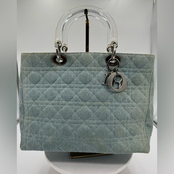 Dior Lady Dior Large Blue Denim Cannage Bag Acrylic Handles with COA 3