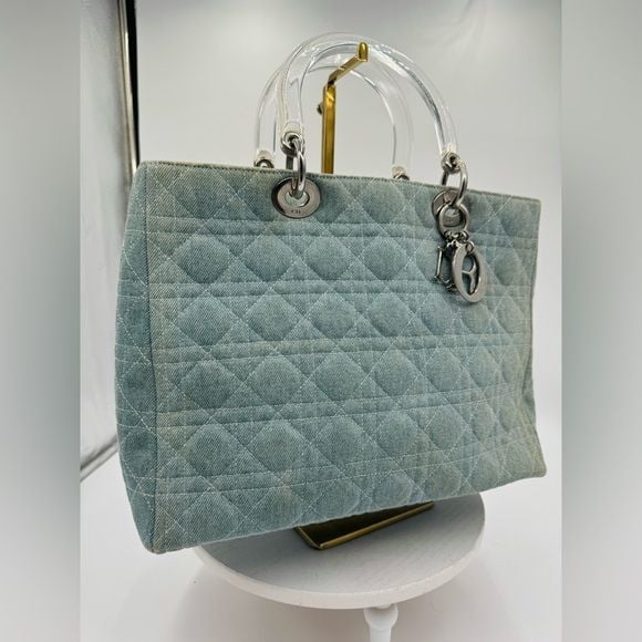 Dior Lady Dior Large Blue Denim Cannage Bag Acrylic Handles with COA 11