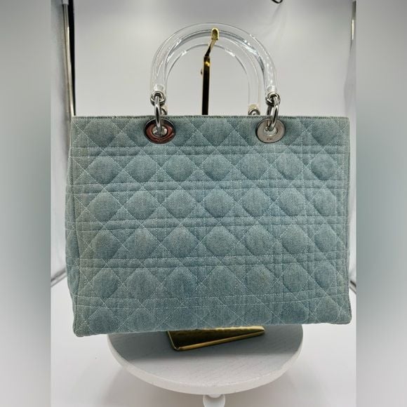 Dior Lady Dior Large Blue Denim Cannage Bag Acrylic Handles with COA 4