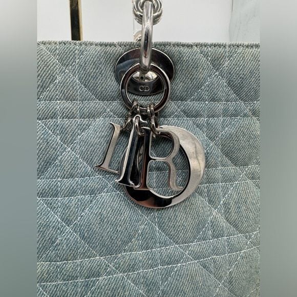 Dior Lady Dior Large Blue Denim Cannage Bag Acrylic Handles with COA 5