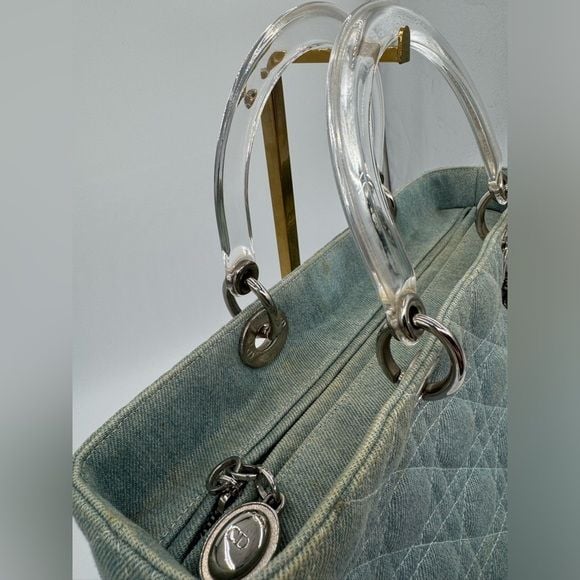 Dior Lady Dior Large Blue Denim Cannage Bag Acrylic Handles with COA 10