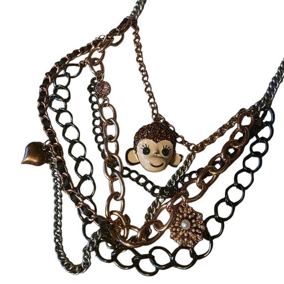 Betsey Johnson Mixed Metal Monkey Charm Multi-Strand Statement Necklace 7