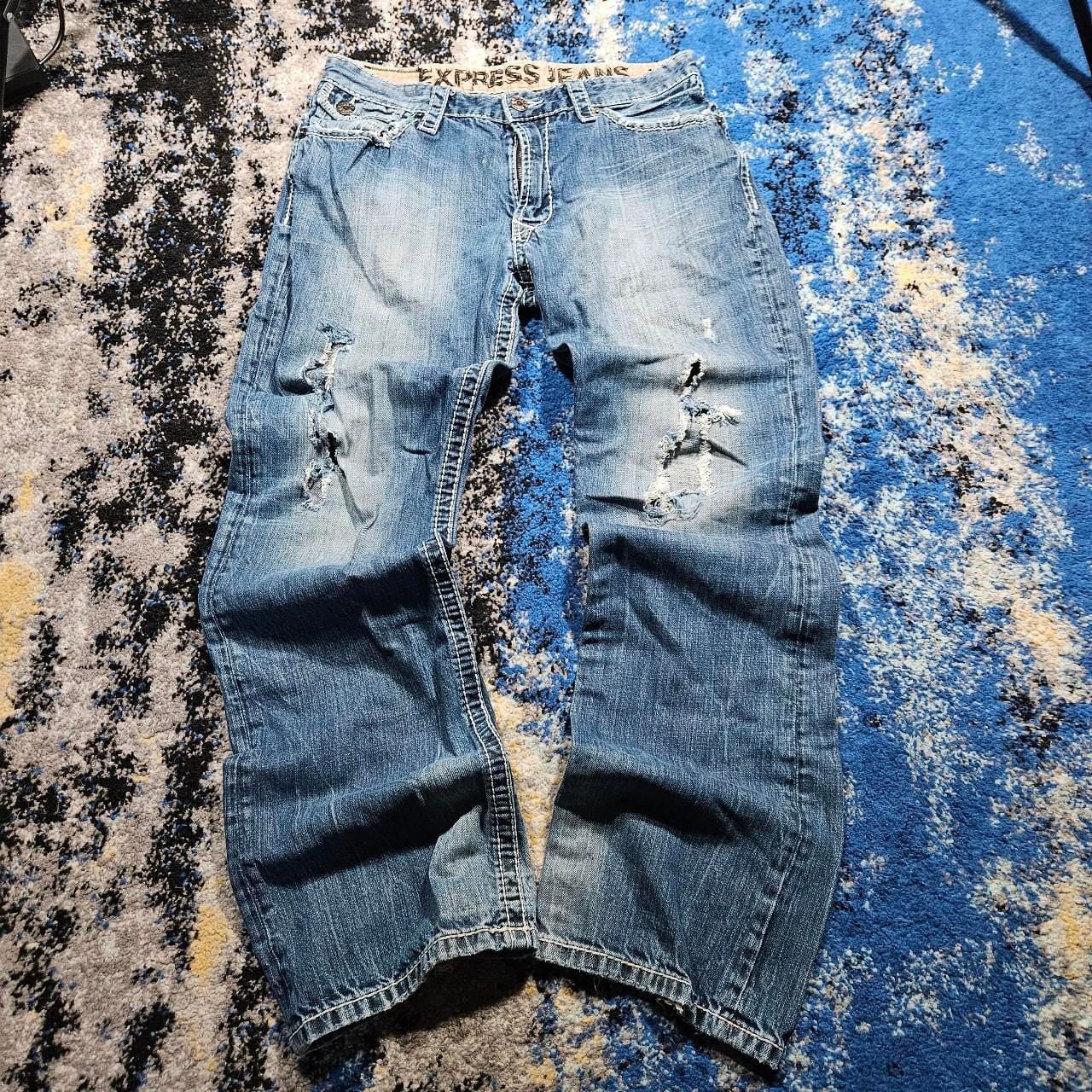 Express Classic Distressed Baggy Jeans Medium Wash 34x32 2