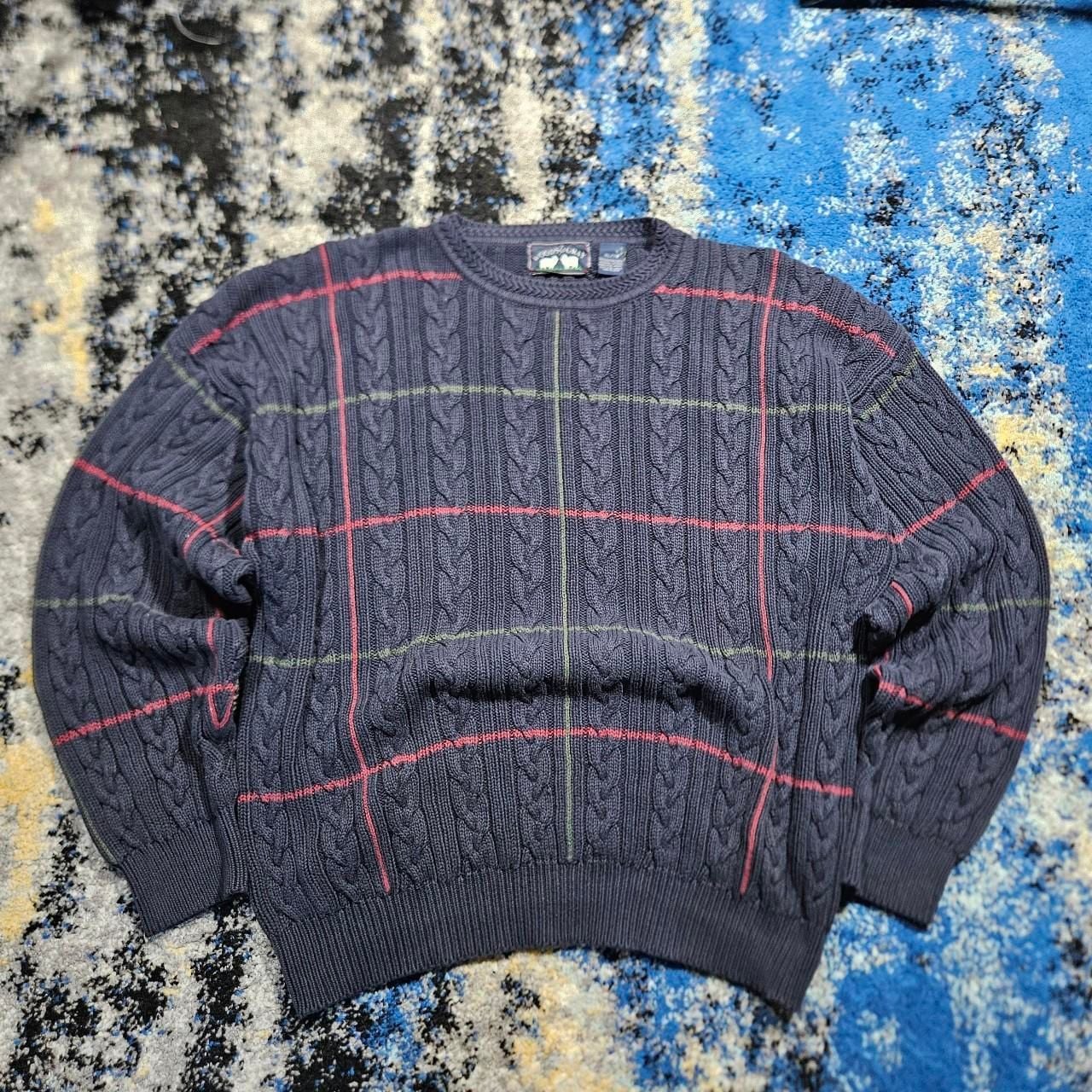 Vintage Woods & Gray Cable Knit Plaid Sweater Navy XL 2