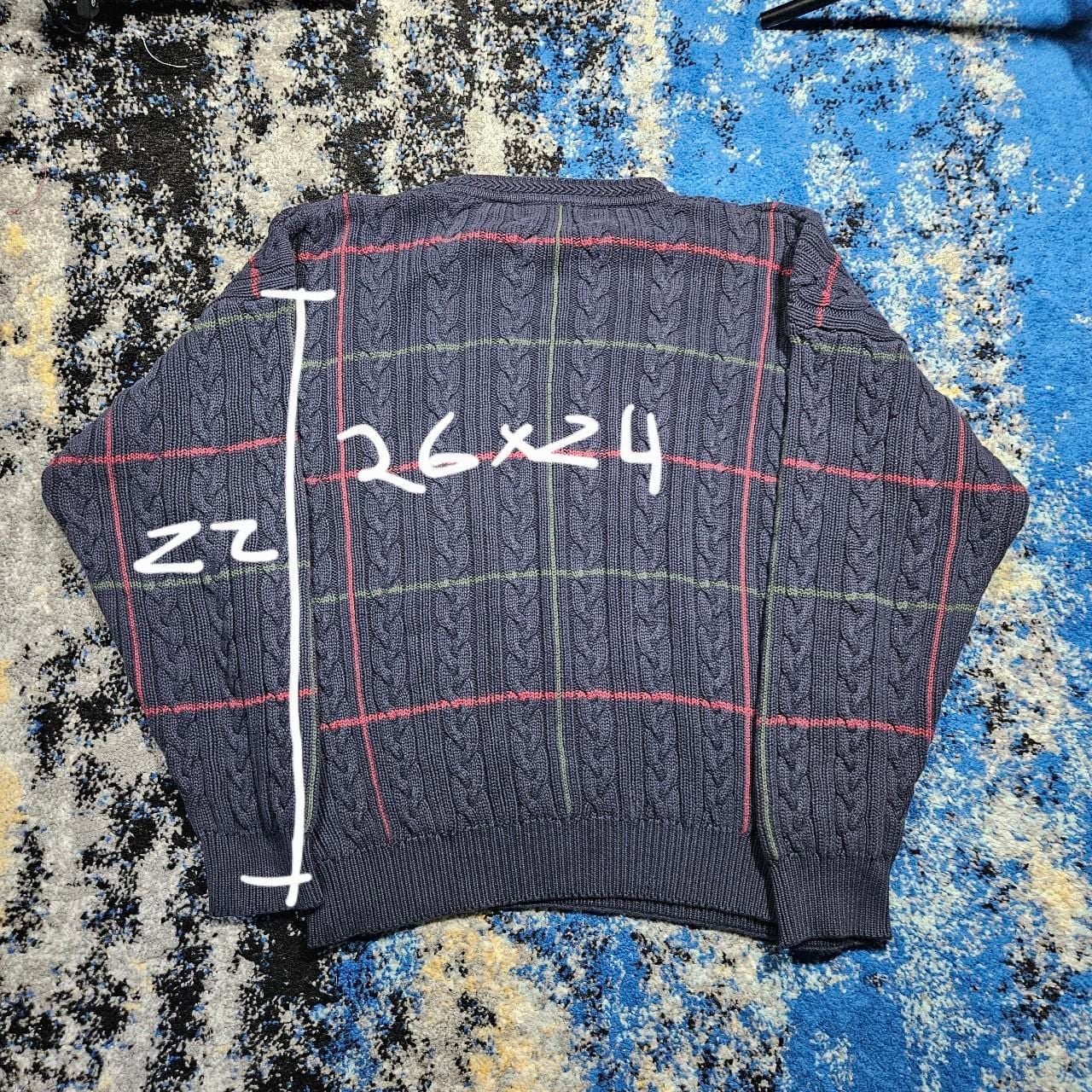 Vintage Woods & Gray Cable Knit Plaid Sweater Navy XL 4