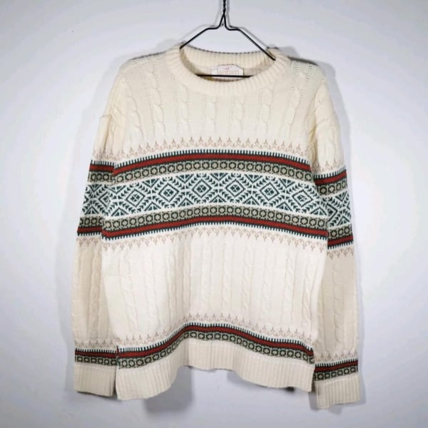 Vintage 80s Jantzen Cream Fair Isle Cable Knit Sweater S-M