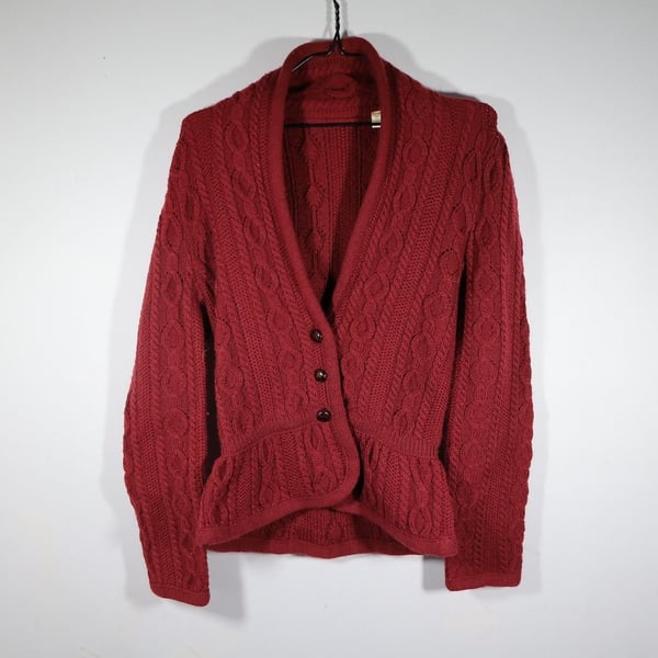 Vintage Burgundy Cable Knit Peplum Wool Cardigan