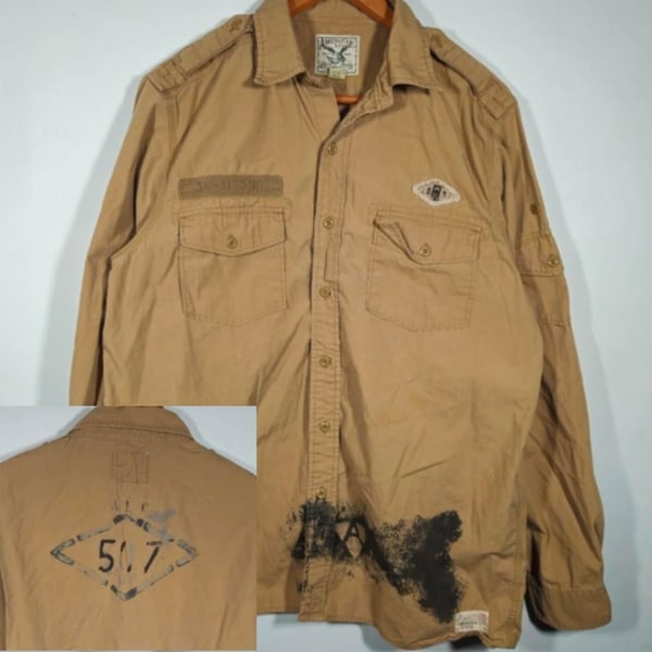 American Living Military Style Button Up Shirt Tan Long Sleeve