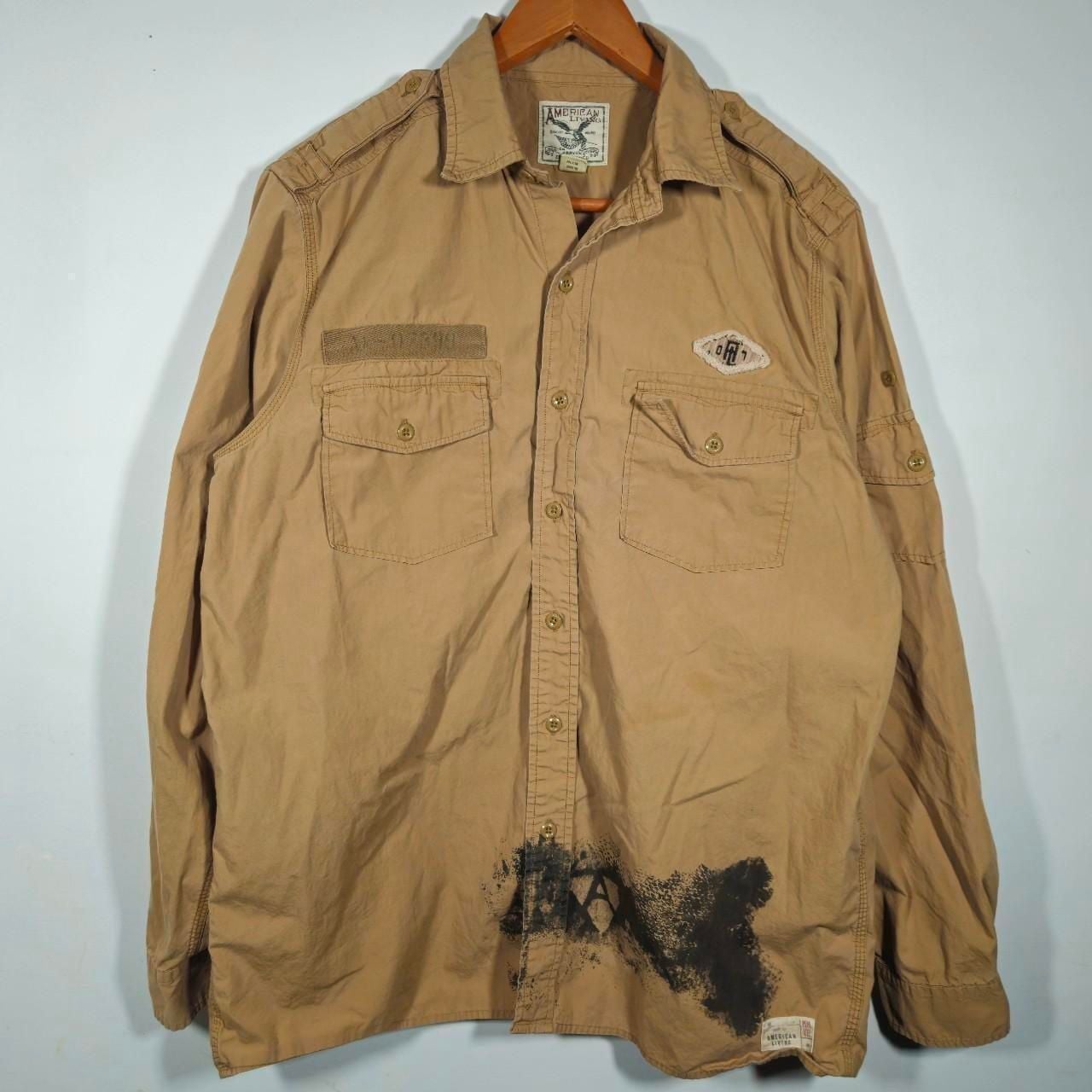 American Living Military Style Button Up Shirt Tan Long Sleeve 3