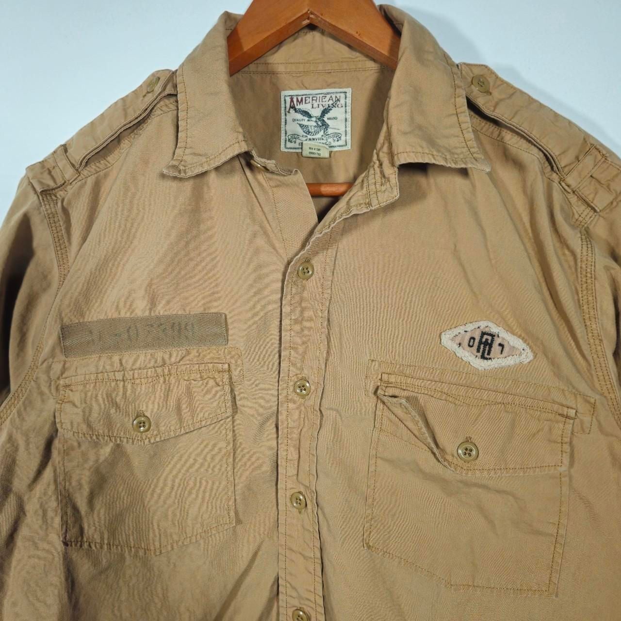 American Living Military Style Button Up Shirt Tan Long Sleeve 4