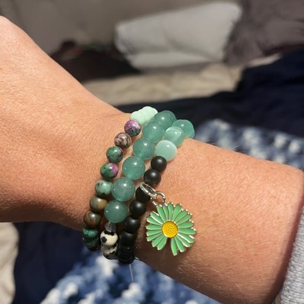 Green Beaded Bracelet Stack with Daisy Charm