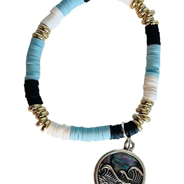 Sea Wave Charm Stretch Bracelet - Light Blue, Black & White