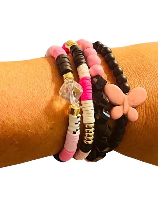 Pink & Black Beaded Bracelet Stack with Butterfly Accent 2