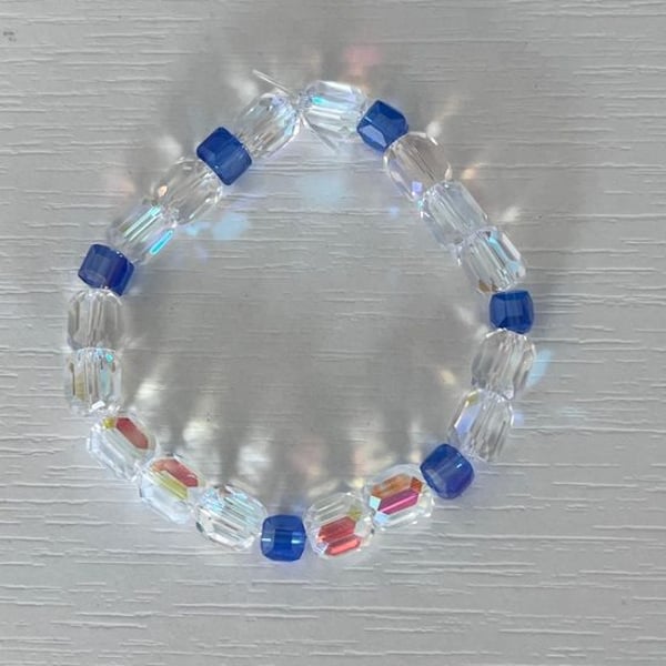 Clear Crystal & Blue Beaded Stretch Bracelet