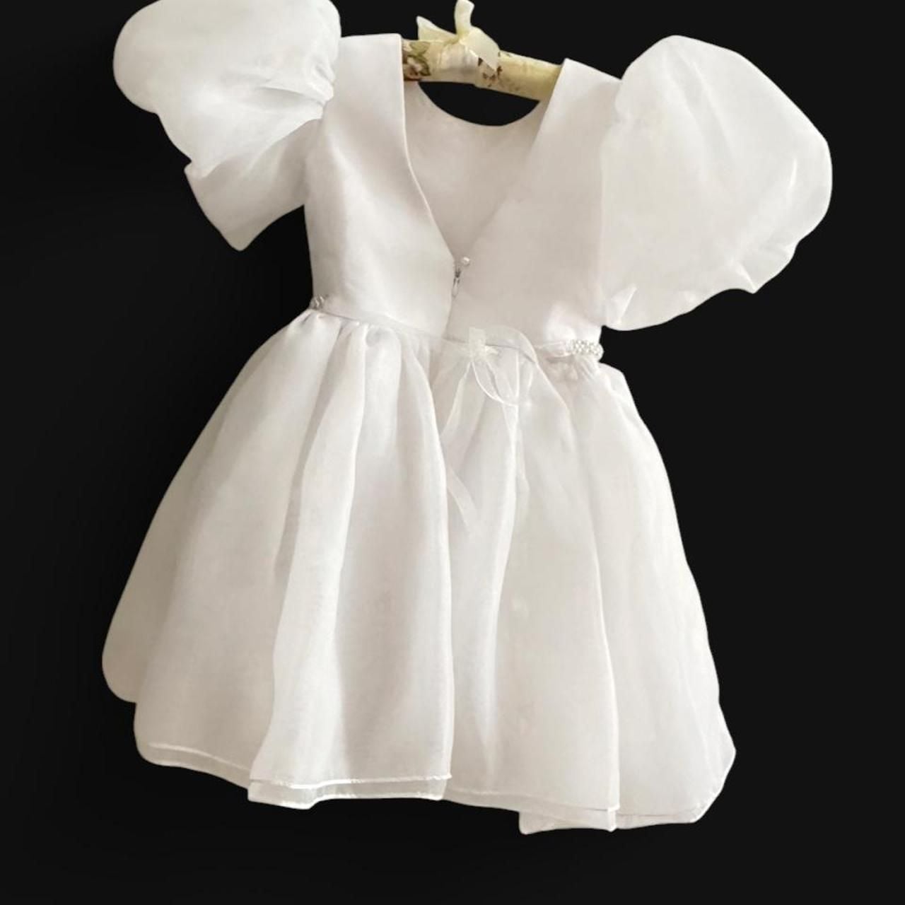 Girls White Puff Sleeve Dress with Pearl Belt flower girl 4