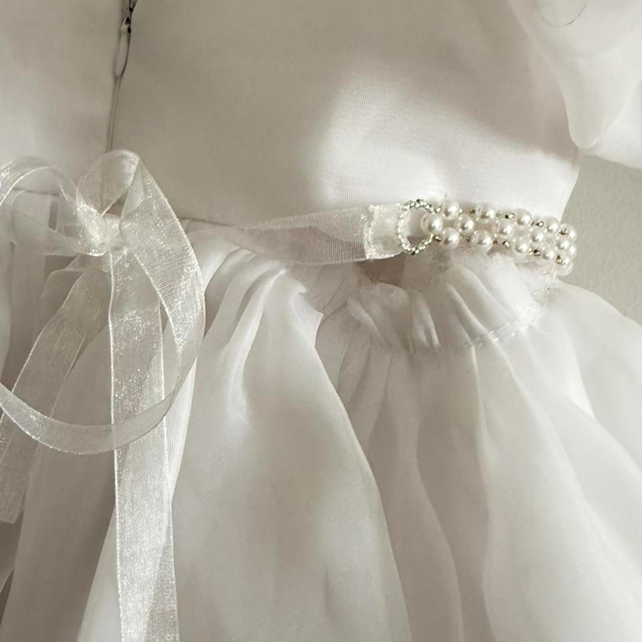 Girls White Puff Sleeve Dress with Pearl Belt flower girl 5