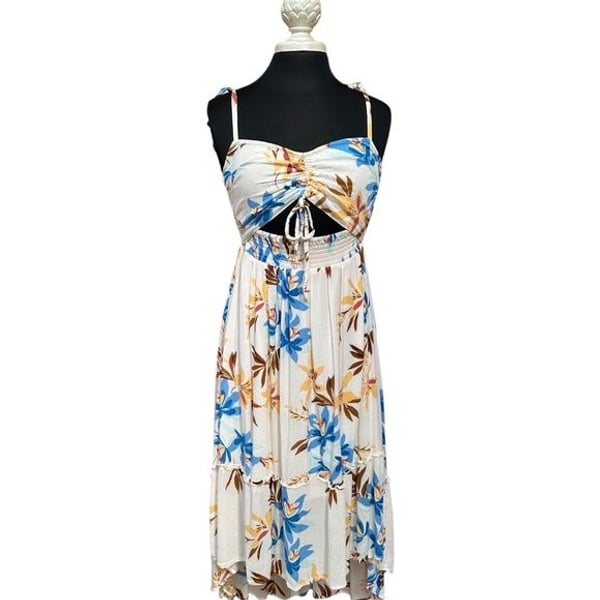 Floral Print Spaghetti Straps Cut Out Front Ruched Bust Tiered Sundress Dress Sm