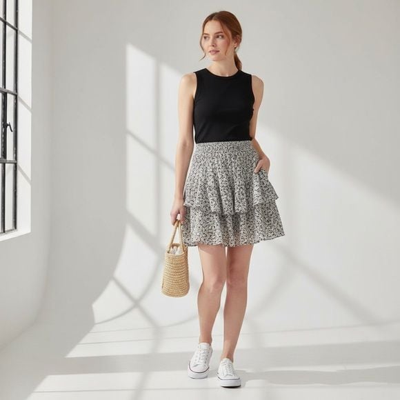 ZAFUL White Black Flounce Smocked Floral Skirt A-line Layered Women's Size 6 3