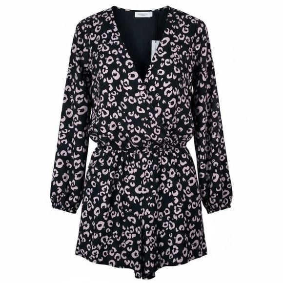 THREE EIGHTY TWO Pink & Black Leopard Long Sleeve Casual Cinched Waist Romper 2