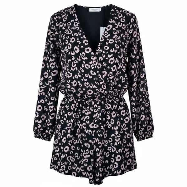 THREE EIGHTY TWO Pink & Black Leopard Long Sleeve Casual Cinched Waist Romper