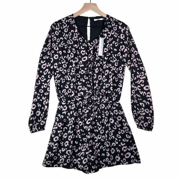 THREE EIGHTY TWO Pink & Black Leopard Long Sleeve Casual Cinched Waist Romper 3