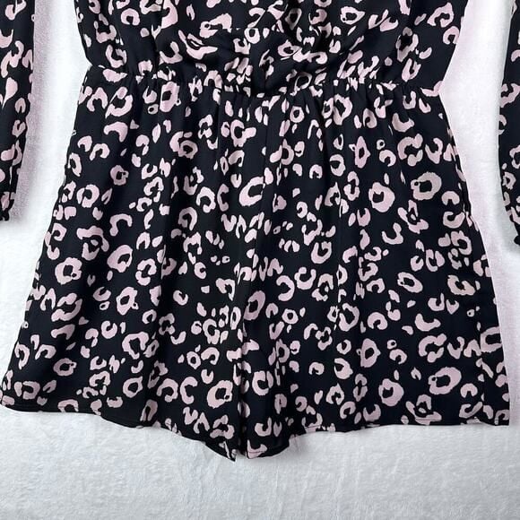 THREE EIGHTY TWO Pink & Black Leopard Long Sleeve Casual Cinched Waist Romper 7