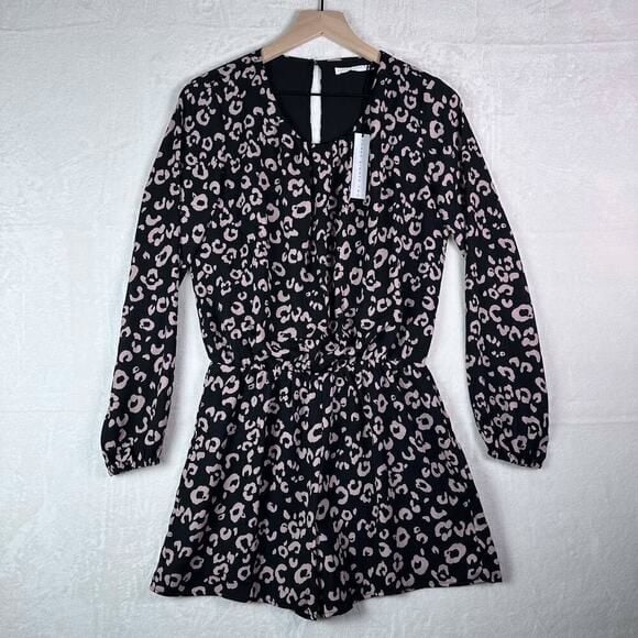 THREE EIGHTY TWO Pink & Black Leopard Long Sleeve Casual Cinched Waist Romper 14