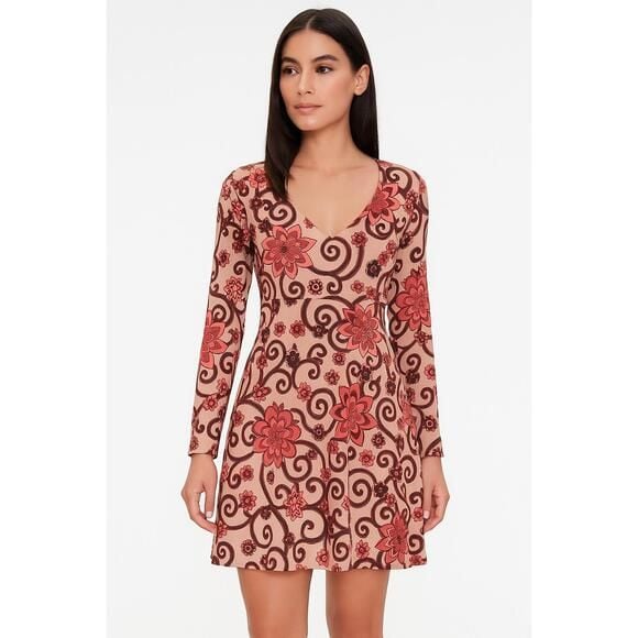 Forever 21 Dress Womens Size Small Pink Aline Floral Longsleeve Vneck Chic 3